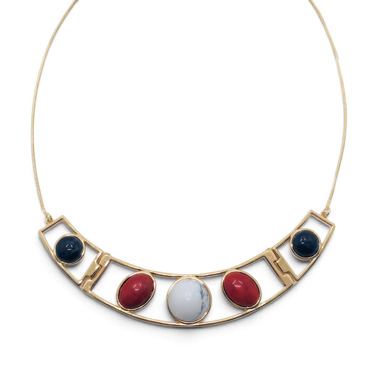 Trebor Style gold-plated collar necklace featuring five circular howlite and sodalite gemstones on an adjustable frame.