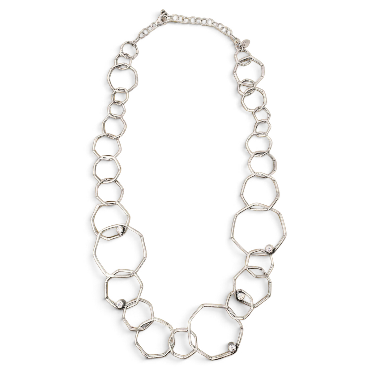 Trebor Style sterling silver geometric chain necklace with etched links and bezel-set white cubic zirconia accents.
