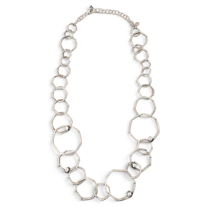 Trebor Style sterling silver geometric chain necklace with etched links and bezel-set white cubic zirconia accents.