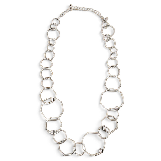 Trebor Style sterling silver geometric chain necklace with etched links and bezel-set white cubic zirconia accents.