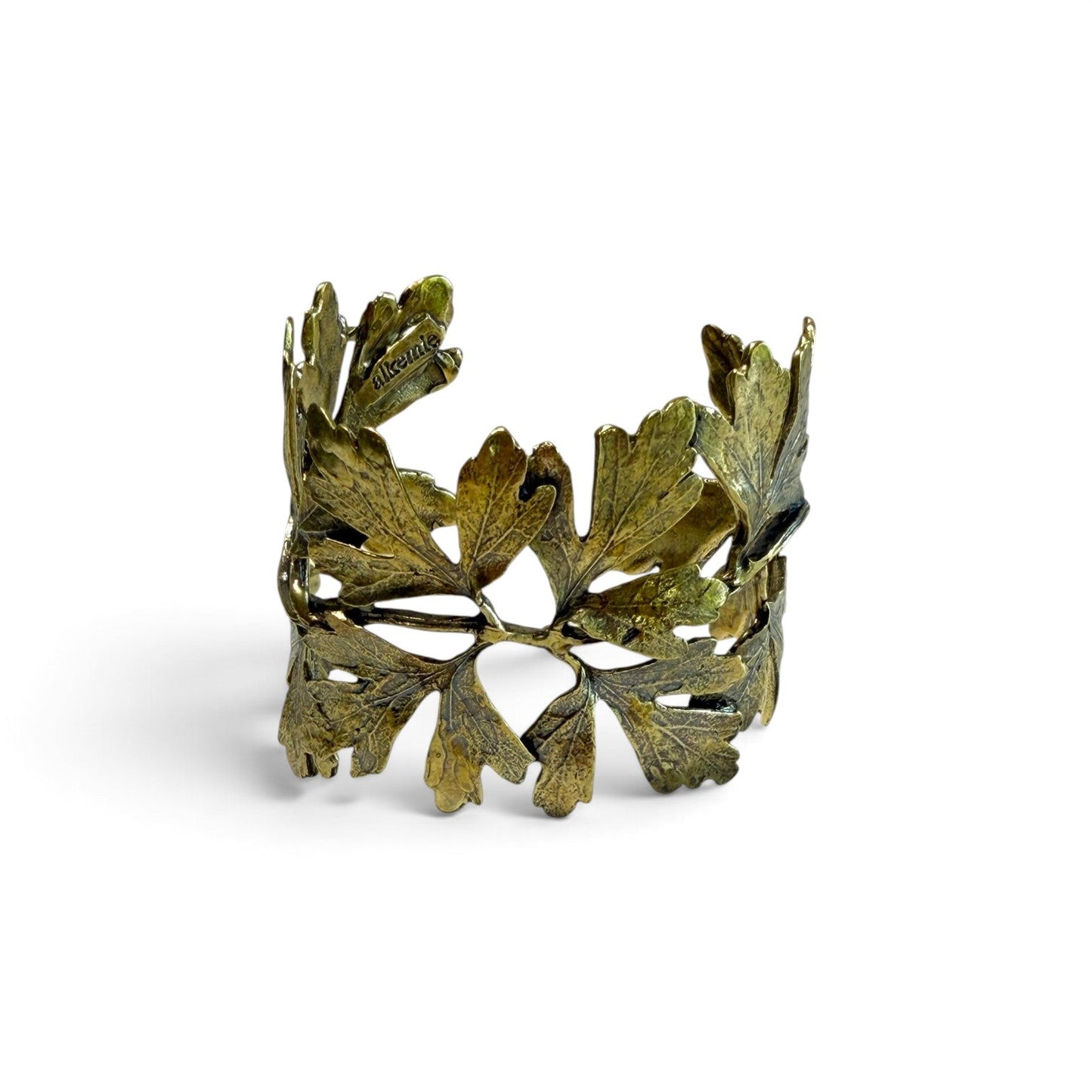Trebor Style Ginkgo Leaf Cuff made from reclaimed copper and zinc with a detailed botanical leaf design.
