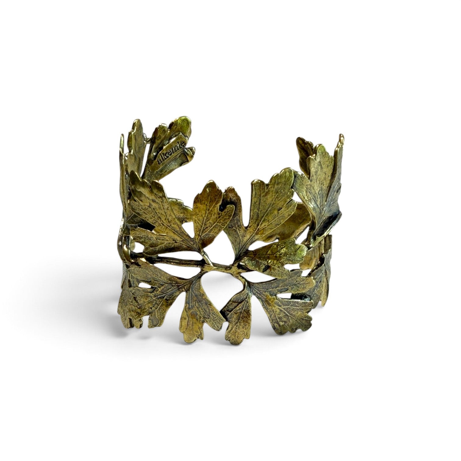 Trebor Style Ginkgo Leaf Cuff made from reclaimed copper and zinc with a detailed botanical leaf design.