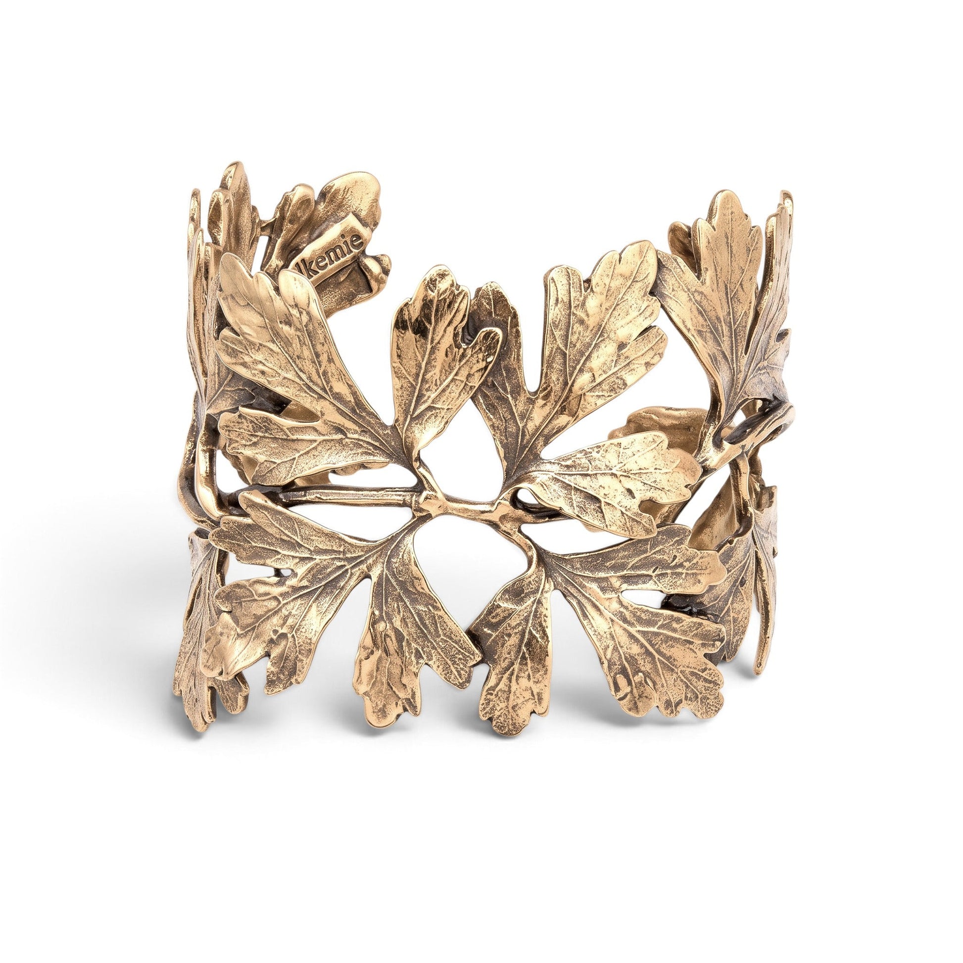 Trebor Style Ginkgo Leaf Cuff made of reclaimed copper and zinc with a detailed botanical parsley leaf design.