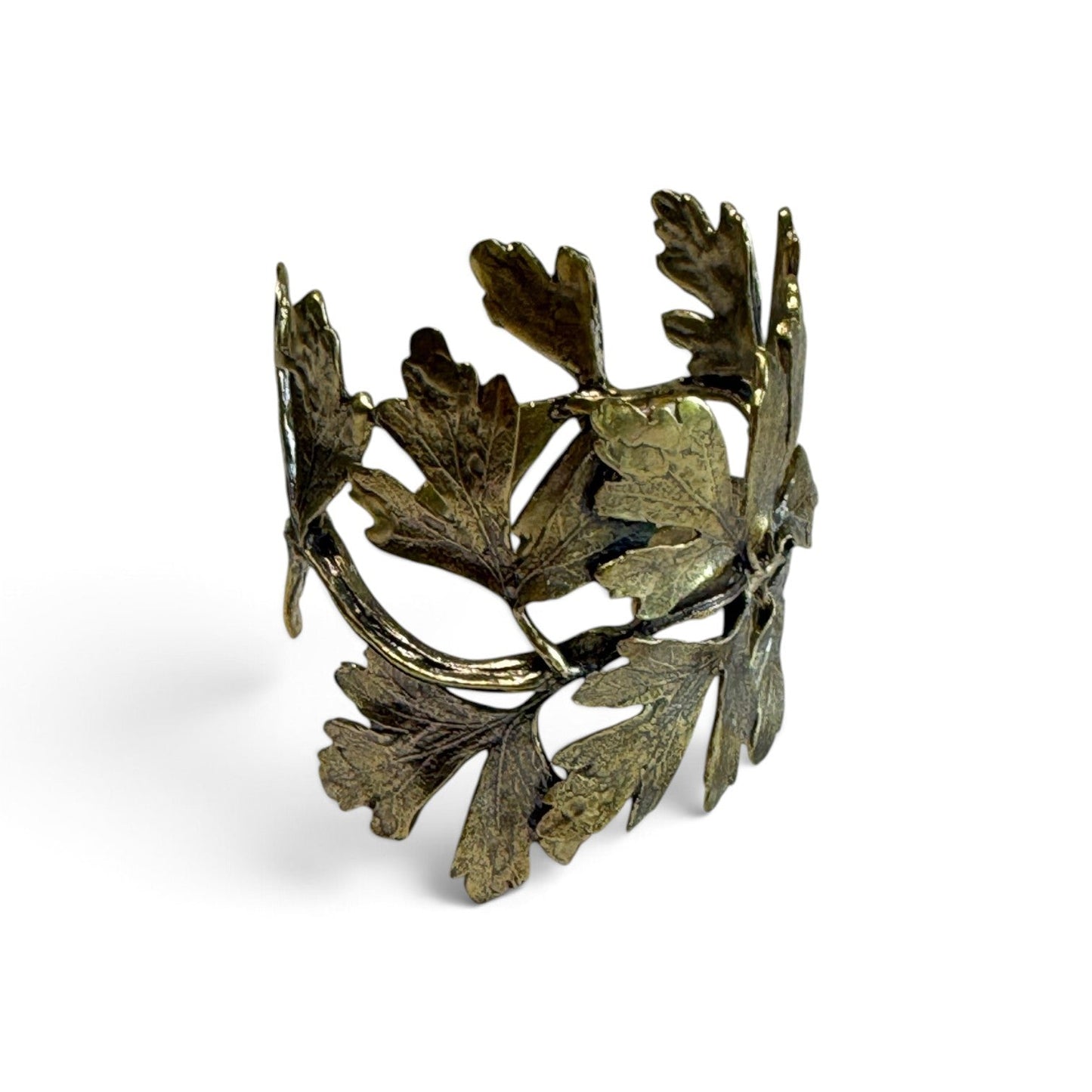Trebor Style Ginkgo Leaf Cuff made from a reclaimed copper and zinc metal blend with detailed botanical leaf design.