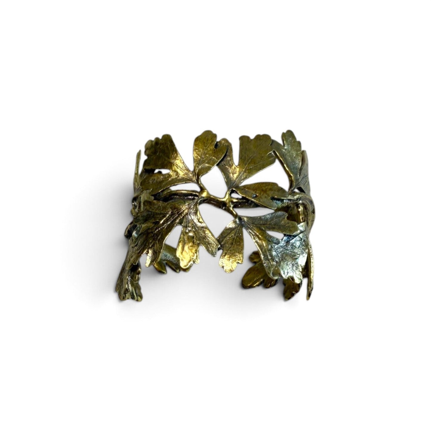 Trebor Style Ginkgo Leaf Cuff made of reclaimed copper and zinc with a detailed botanical wrap-around design.