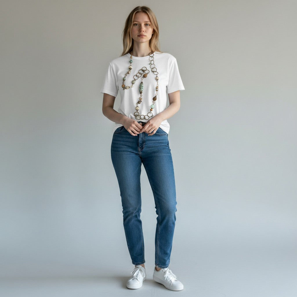 Model wearing a Trebor Style collage necklace featuring antique brass, Czech glass, and gemstones over a white t-shirt.
