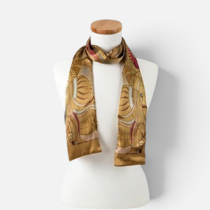 Trebor Style jungle print tube scarf in gold and beige silk satin, featuring a double-layered Italian design.