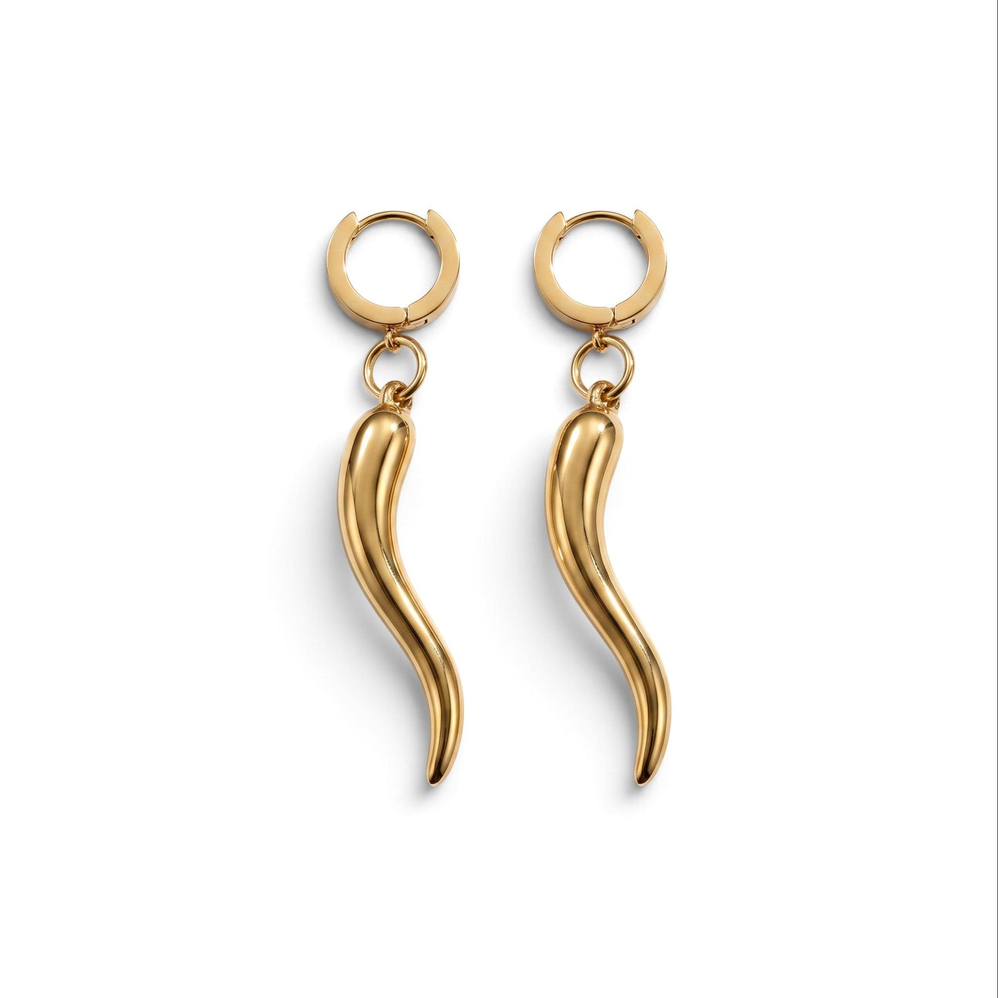 Trebor Style gold-filled chili pepper charm hoop earrings made of stainless steel on a white background.