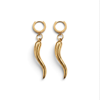 Trebor Style gold-filled chili pepper charm hoop earrings made of stainless steel on a white background.
