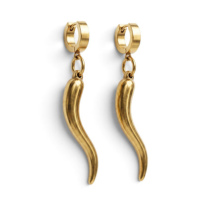 Trebor Style gold-filled chili pepper charms dangling from sleek stainless steel hoop earrings on a white background.