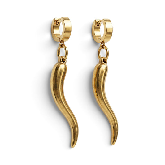 Trebor Style gold-filled chili pepper charms dangling from sleek stainless steel hoop earrings on a white background.