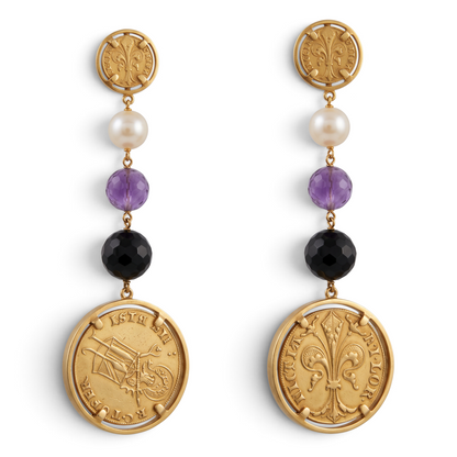 Trebor Style 18k gold chandelier earrings featuring Roman coins, cultured pearls, purple amethysts, and black onyx.
