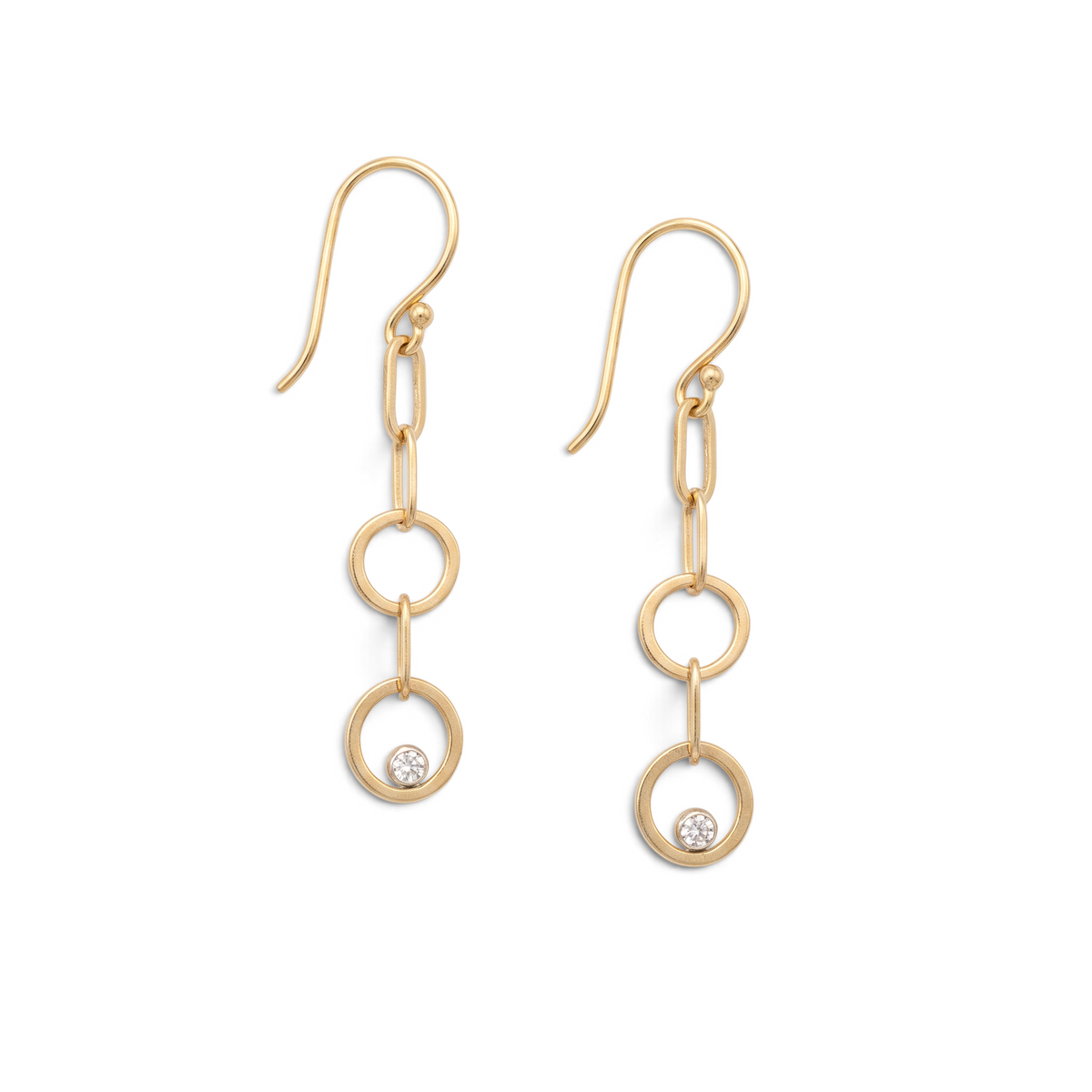 Trebor Style gold-filled double circle drop earrings with lab-grown diamonds and French hook closures.