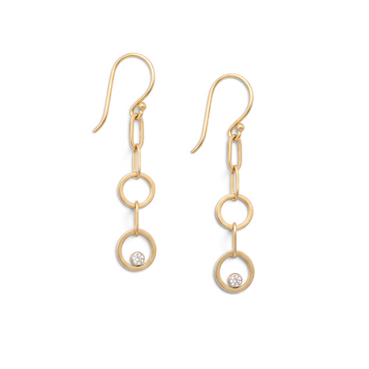 Trebor Style gold-filled double circle drop earrings with lab-grown diamonds and French hook closures.