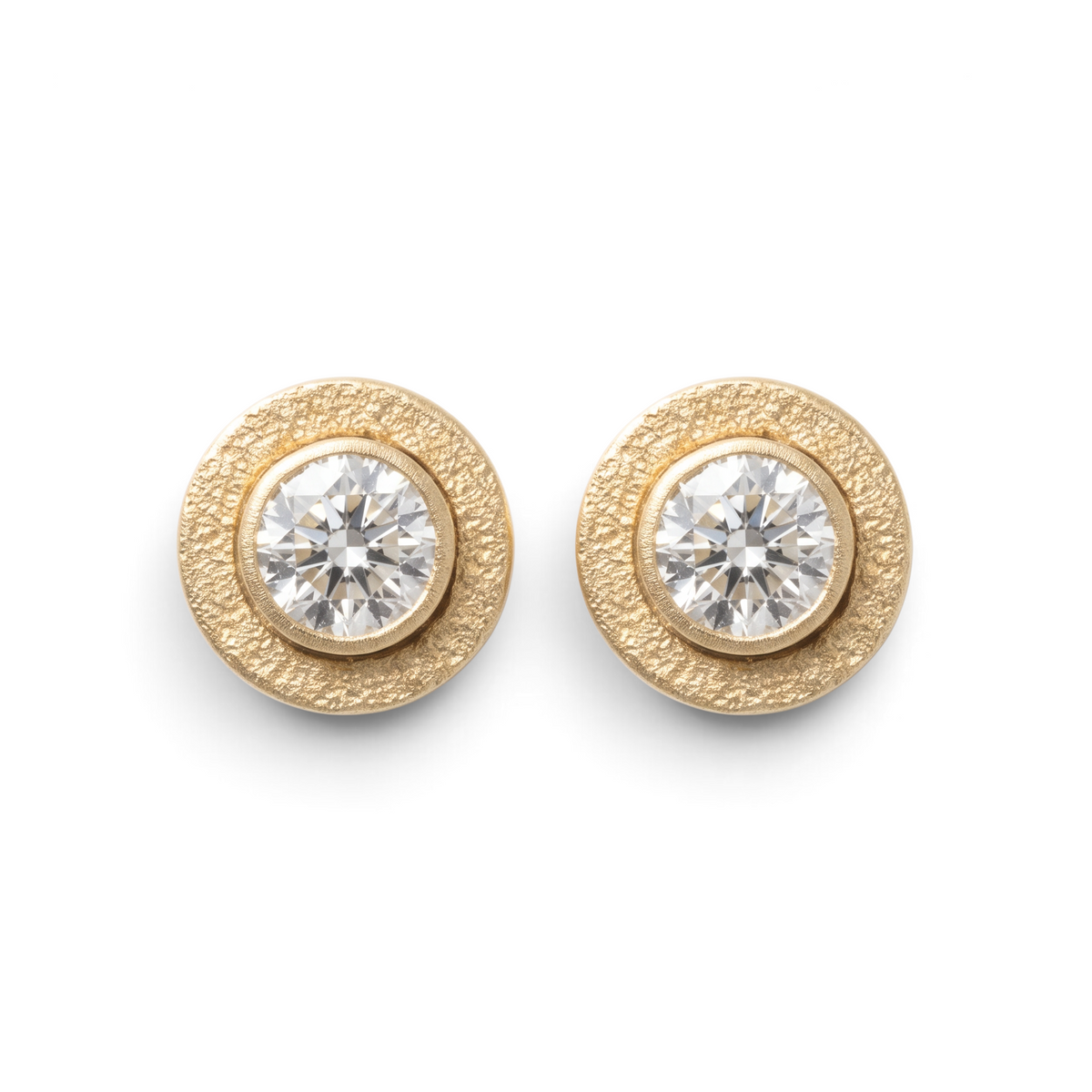 Trebor Style 14kt gold-filled bezel stud earrings featuring 4mm lab-grown diamonds with a textured gold finish.
