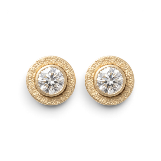 Trebor Style 14kt gold-filled bezel stud earrings featuring 4mm lab-grown diamonds with a textured gold finish.