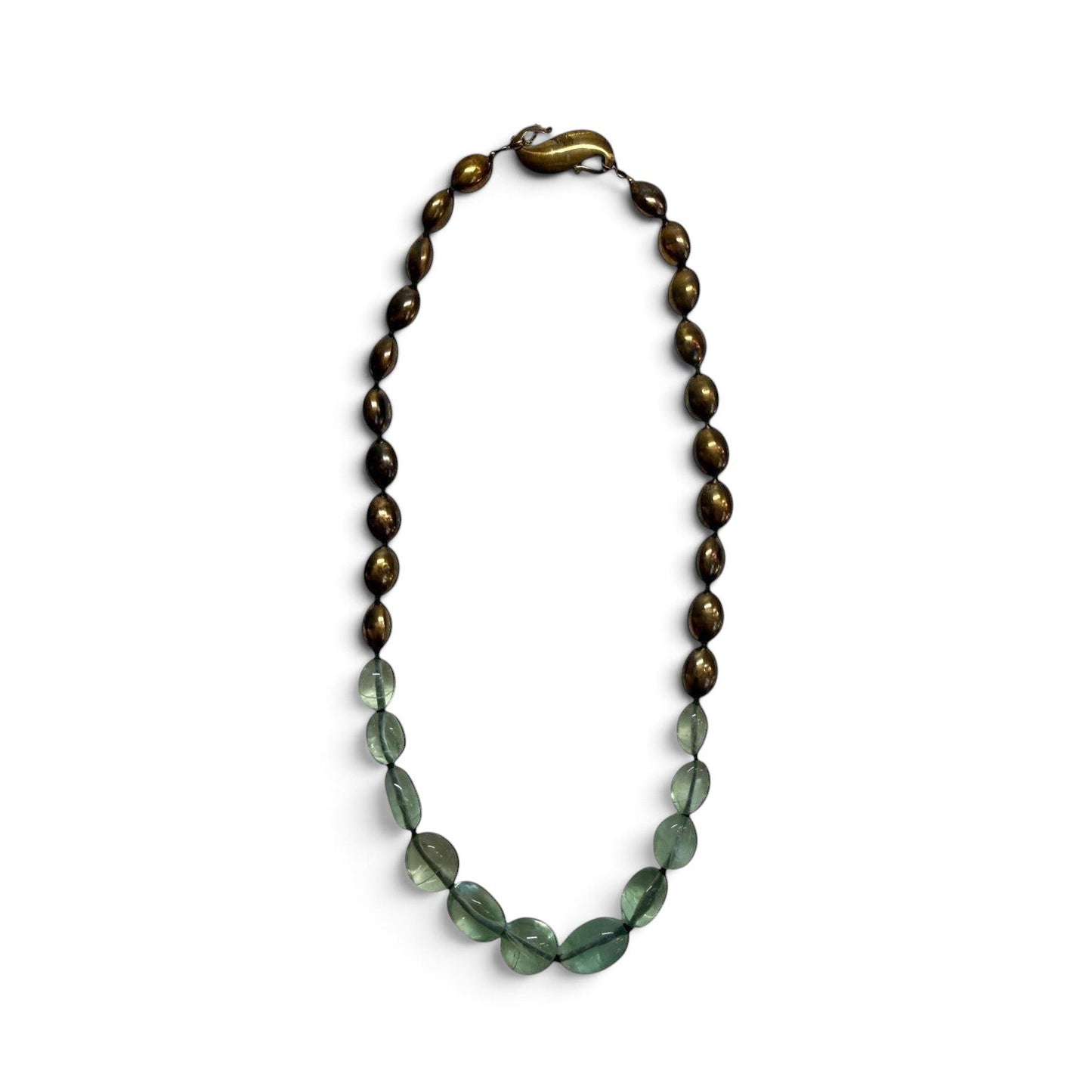 Trebor Style handcrafted necklace featuring brushed gold plated beads and translucent green fluorite stones.