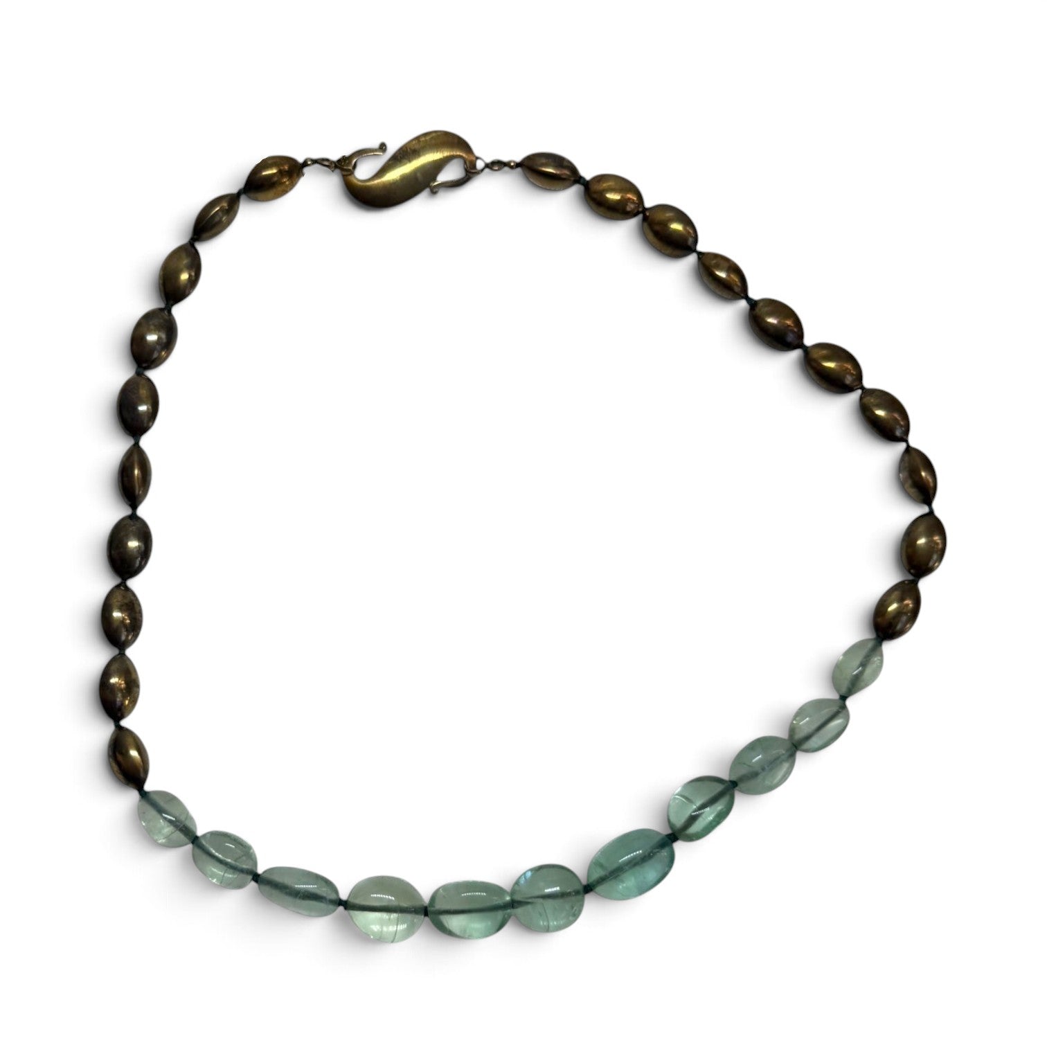Trebor Style brushed gold plated sterling silver and soft green fluorite beaded necklace with a gold hook closure.