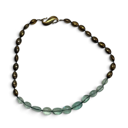 Trebor Style brushed gold plated sterling silver and soft green fluorite beaded necklace with a gold hook closure.