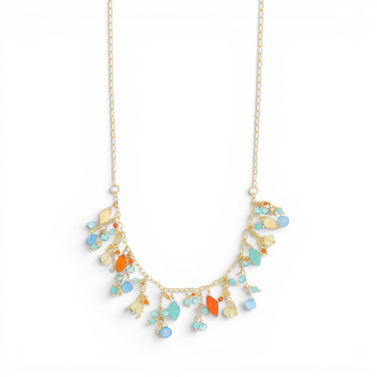 Trebor Style Ines choker necklace featuring gold plated 925 silver chain with vibrant multicolored gemstone charms.