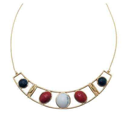 Trebor Style gold-plated collar necklace featuring circular rose and white howlite and navy sodalite gemstones.