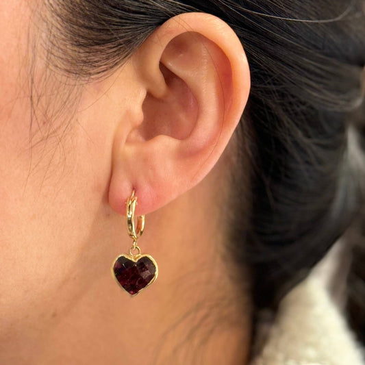 Trebor Style gold-filled hoop earrings with a faceted garnet pearl heart charm. 12mm hoops and 12mm heart.