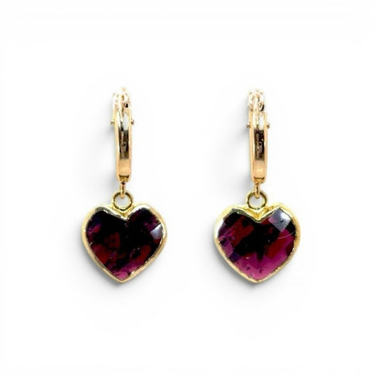 Trebor Style gold-filled hoop earrings with faceted garnet pearl heart charms. 12mm heart and hoop size.