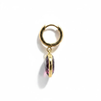 Trebor Style gold-filled hoop earring with a faceted purple heart-shaped garnet pearl charm.