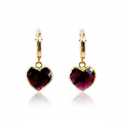 Trebor Style gold-filled hoop earrings with faceted garnet pearl heart charms.