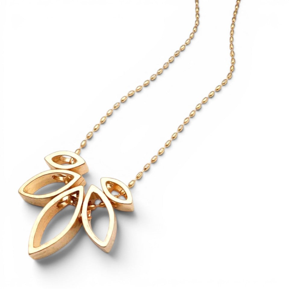 Trebor Style long necklace with five gold-plated leaf charms in varying sizes on a delicate chain