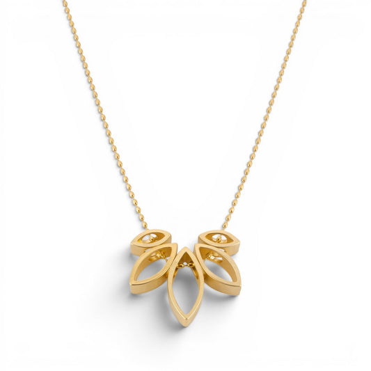 Trebor Style long gold-plated necklace featuring five leaf-shaped charms on a delicate beaded chain.