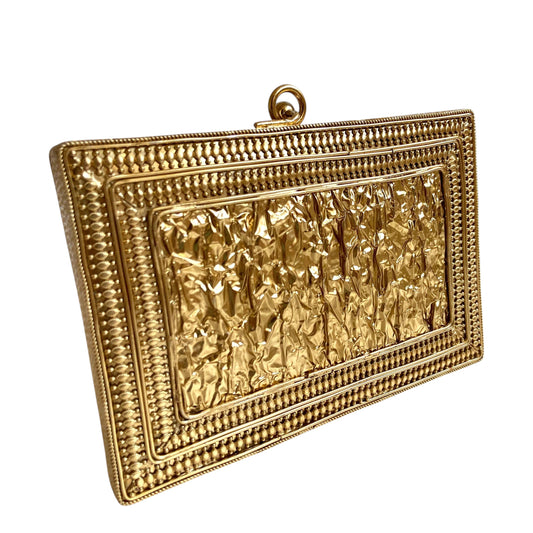 Trebor Style Krystal clutch in gold metal with a textured crinkled finish and ornate beaded border