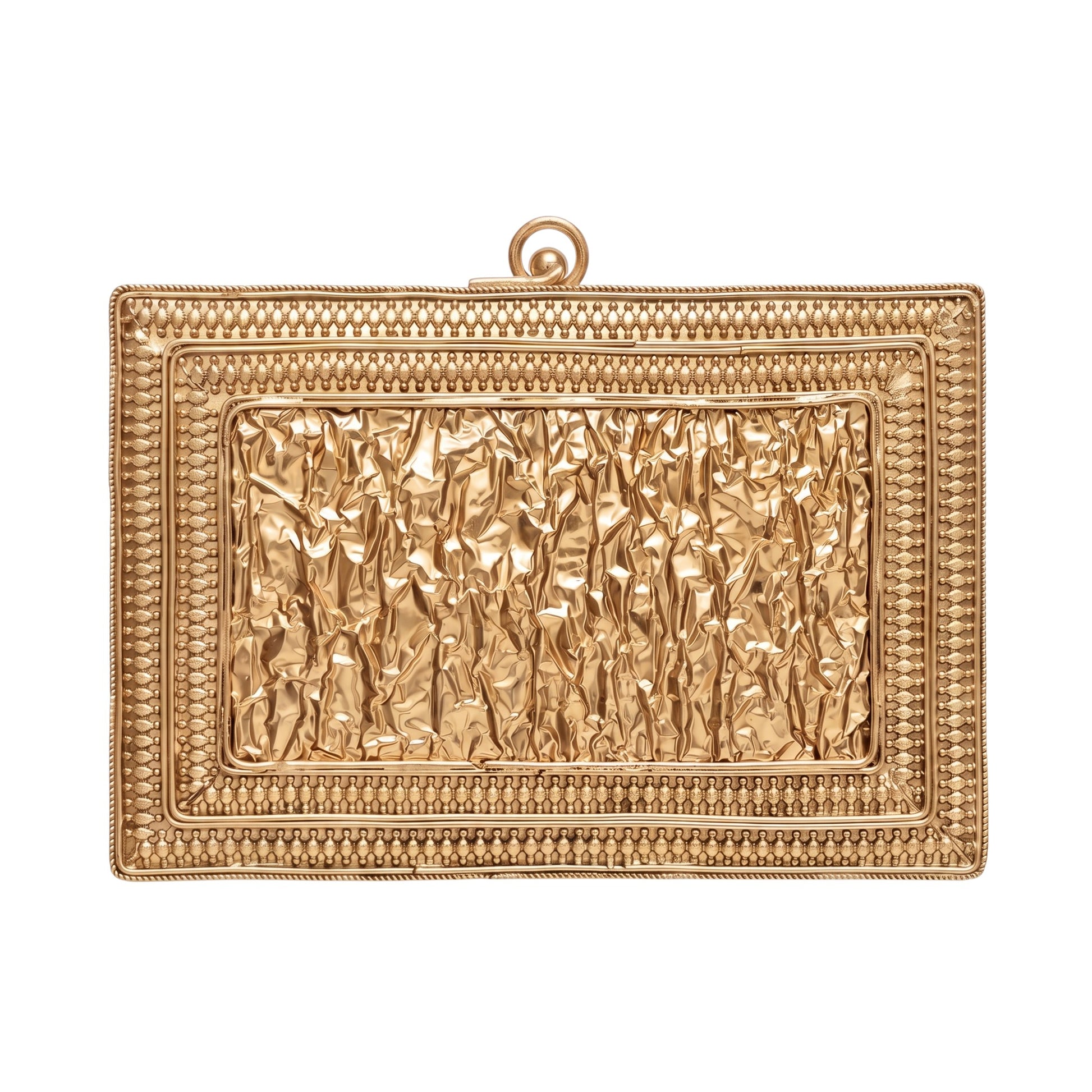 Trebor Style Krystal Clutch featuring a textured gold metal finish with intricate beaded border and top clasp