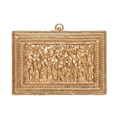 Trebor Style Krystal Clutch featuring a textured gold metal finish with intricate beaded border and top clasp