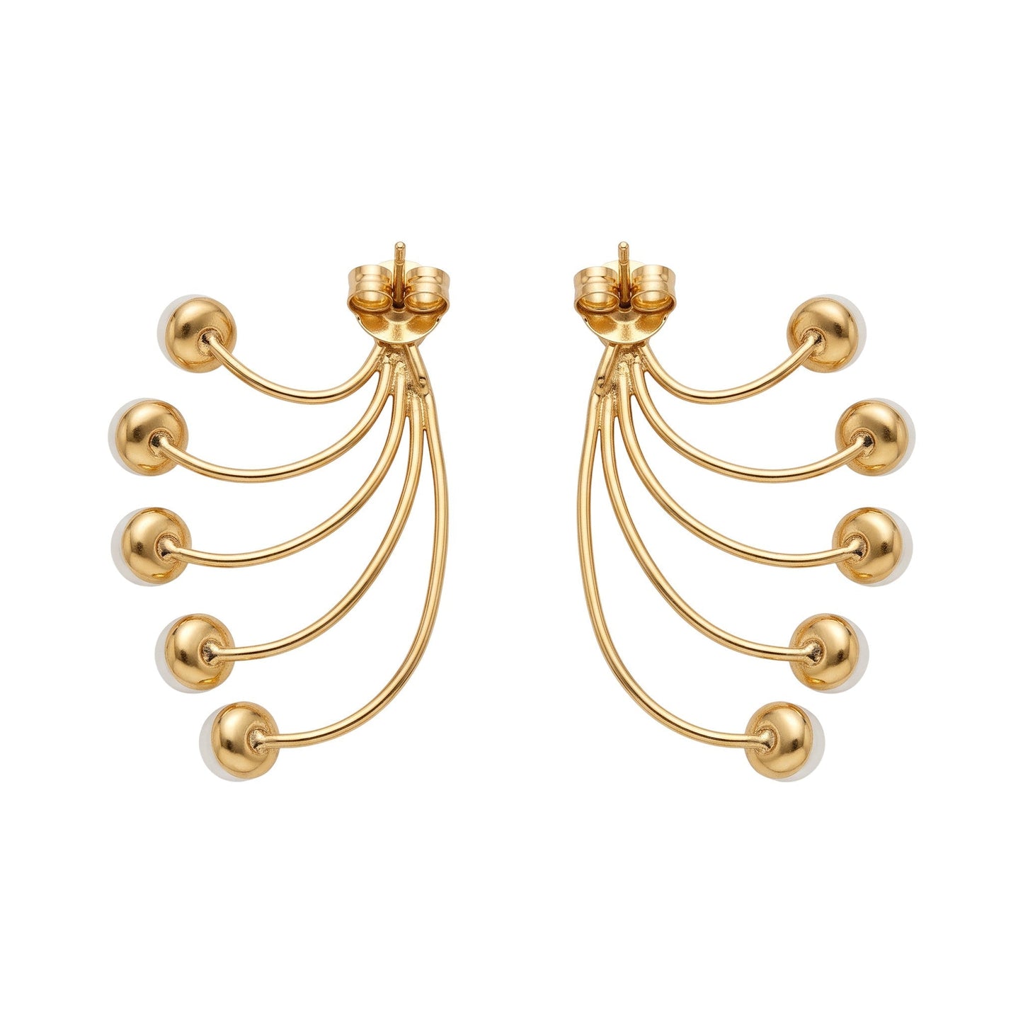 Trebor Style gold-tone fan-style statement earrings featuring five cascading cream faux pearls on delicate wire arcs.