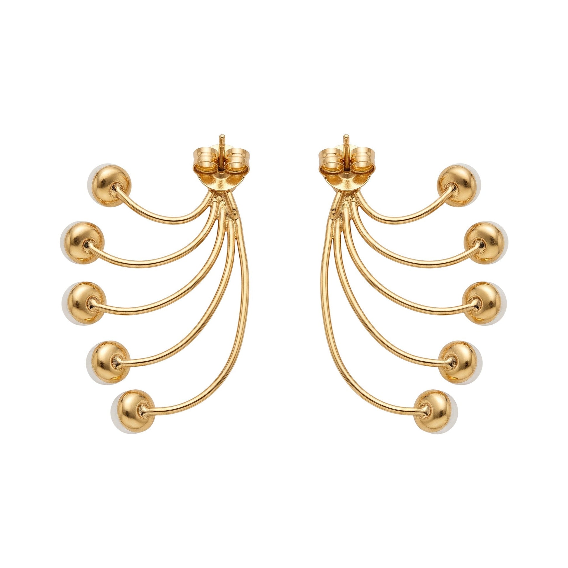 Trebor Style gold-tone fan-style statement earrings featuring five cascading cream faux pearls on delicate wire arcs.
