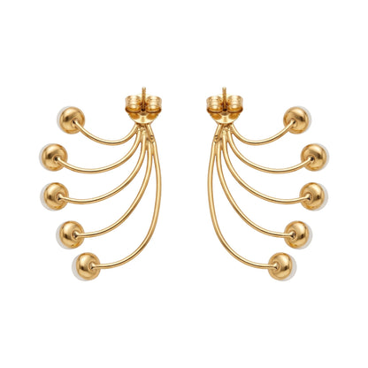 Trebor Style gold-tone fan-style statement earrings featuring five cascading cream faux pearls on delicate wire arcs.