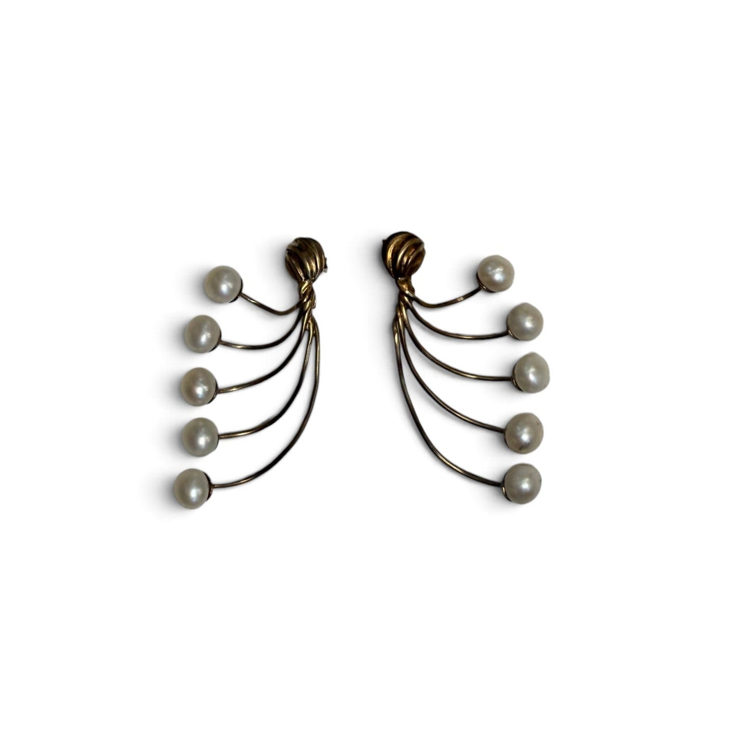 Trebor Style gold-tone fan-style statement earrings with cascading cream faux pearls on a white surface.