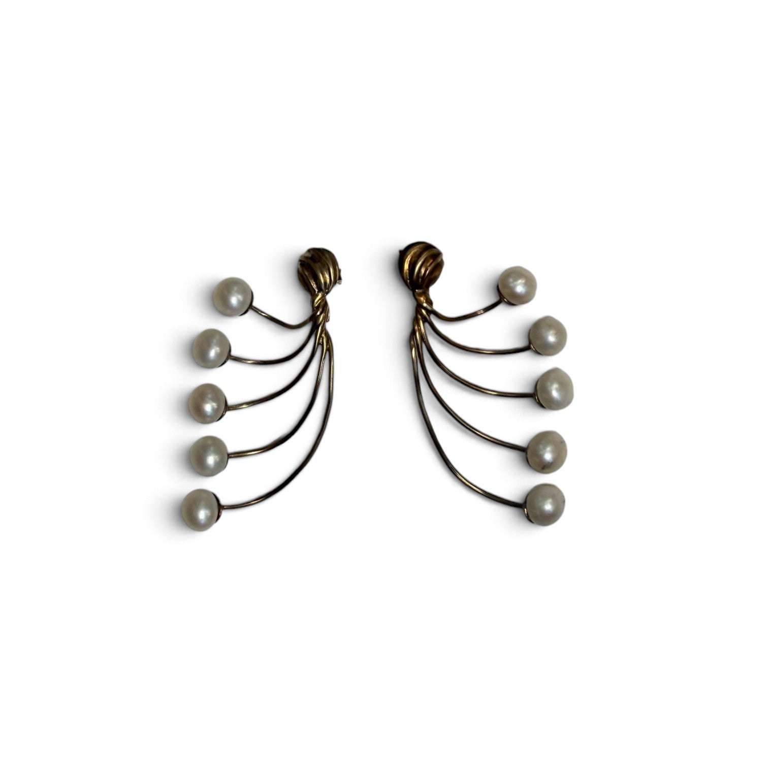 Trebor Style gold-tone fan-style statement earrings with cascading cream faux pearls on a white surface.