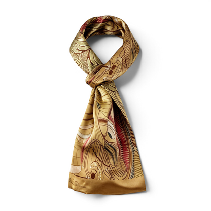 Trebor Style silk satin tube scarf in gold and beige with a vibrant jungle print pattern, made in Italy.