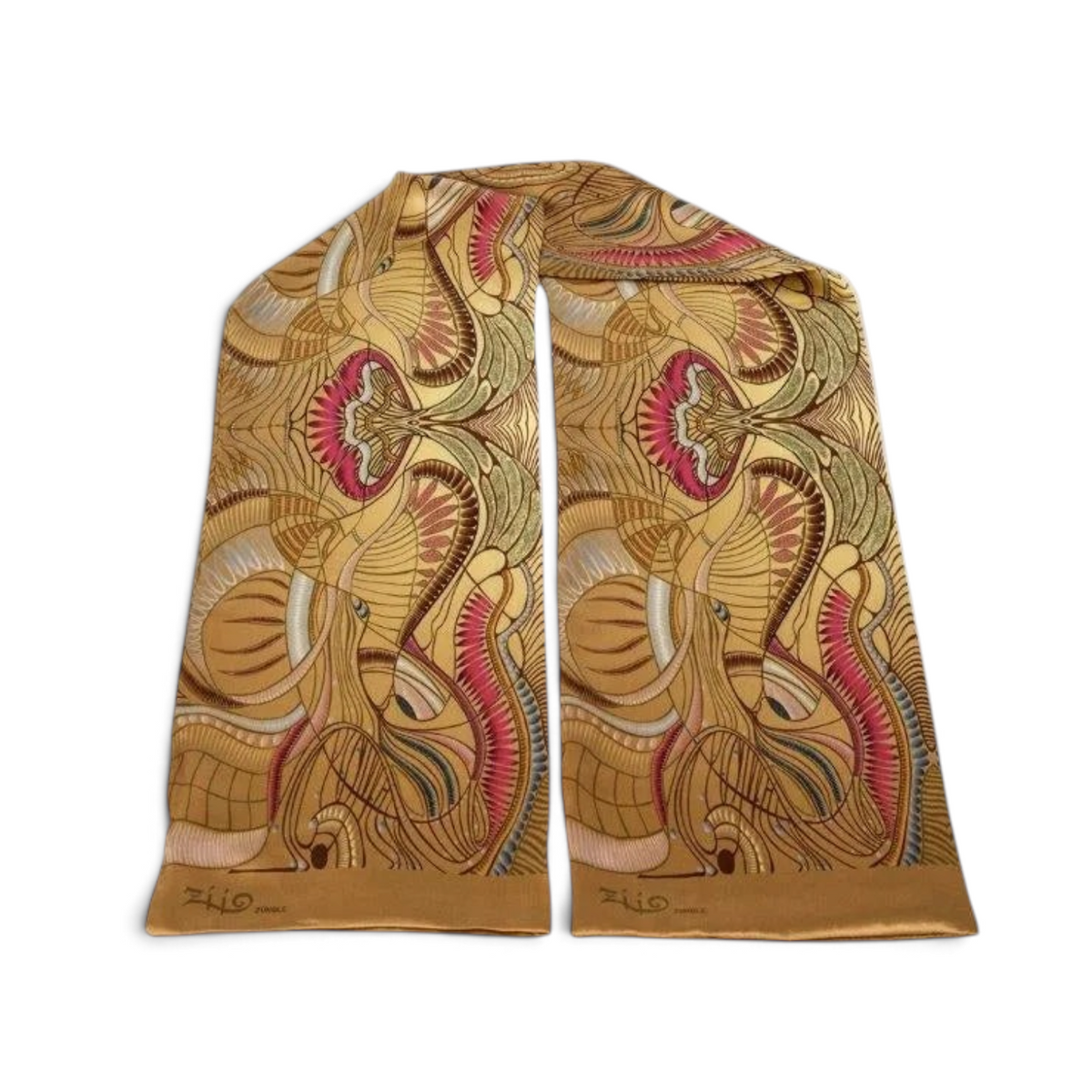 Trebor Style Ziio silk satin tube scarf in gold and beige with a vibrant jungle print pattern.
