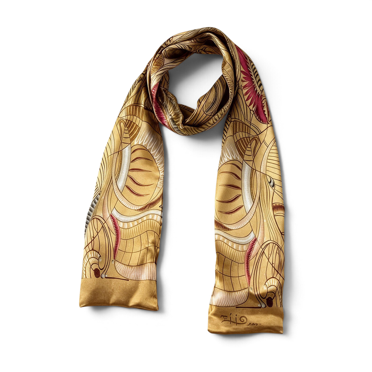 Trebor Style silk satin tube scarf in gold and beige with a jungle print pattern and pink accents.