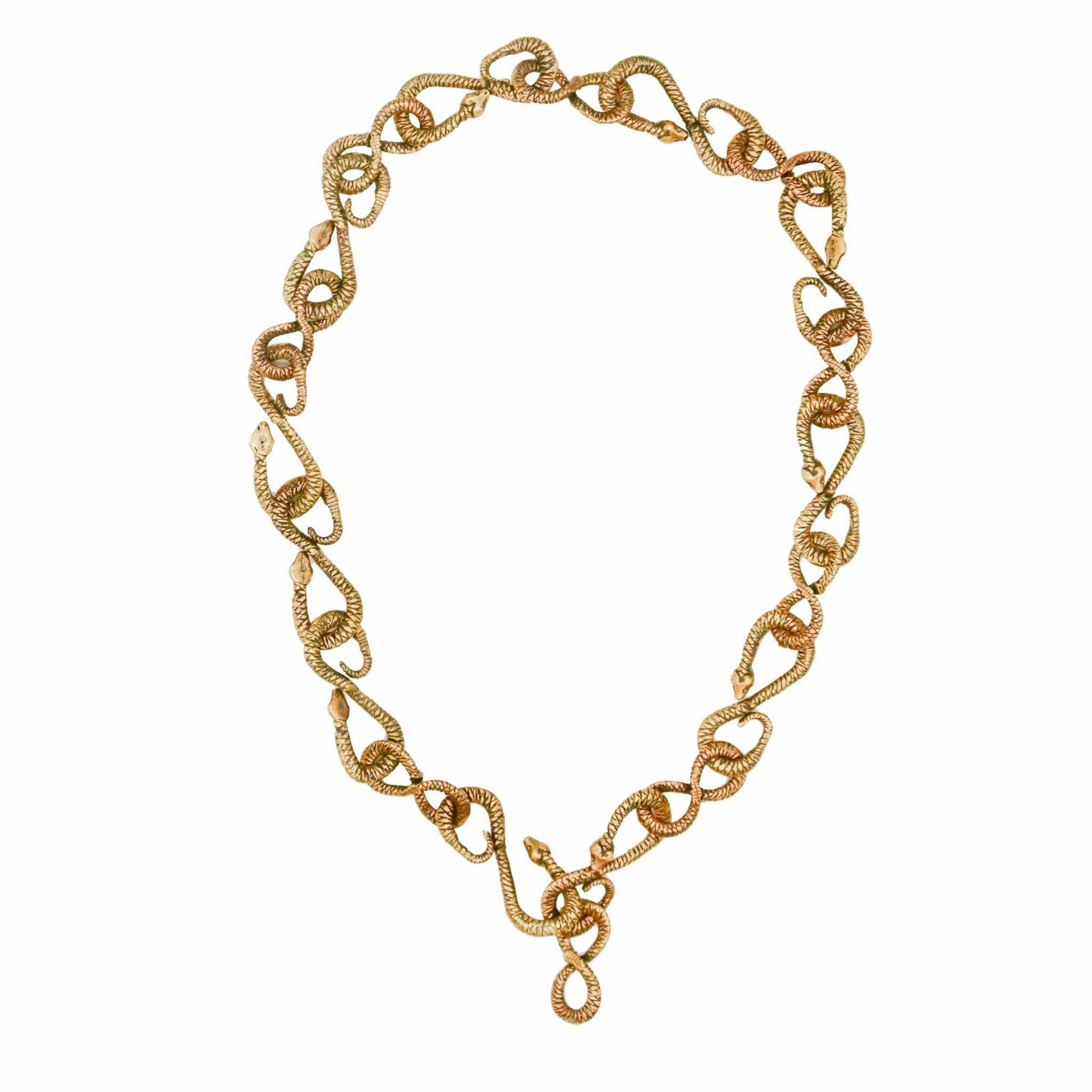 Trebor Style long snake chain necklace in gold patina featuring 22 interlocking snake-shaped links