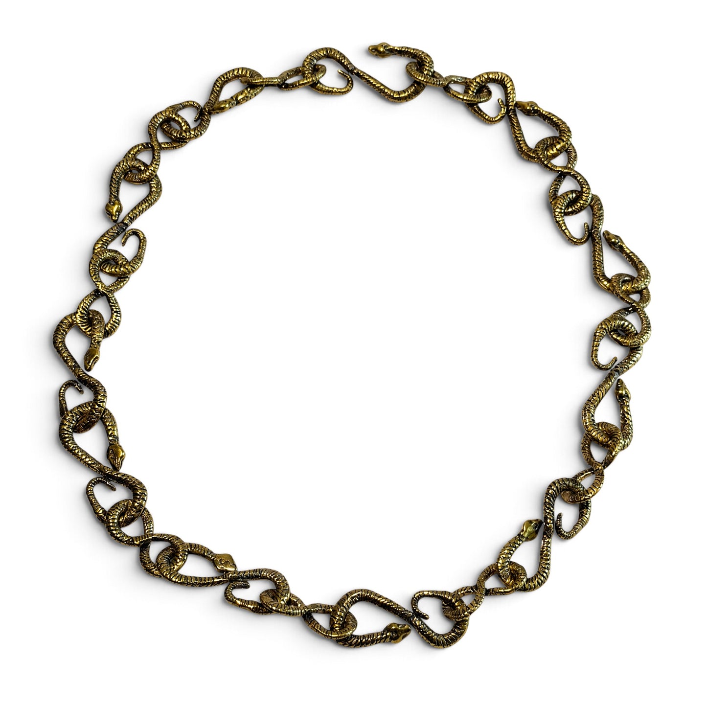 Trebor Style gold patina snake chain necklace featuring 22 interlocking snake links in a circular arrangement.
