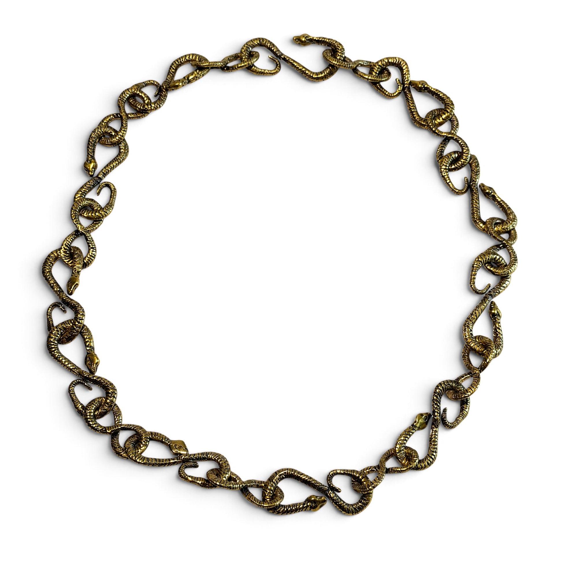 Trebor Style gold patina snake chain necklace featuring 22 interlocking snake links in a circular arrangement.