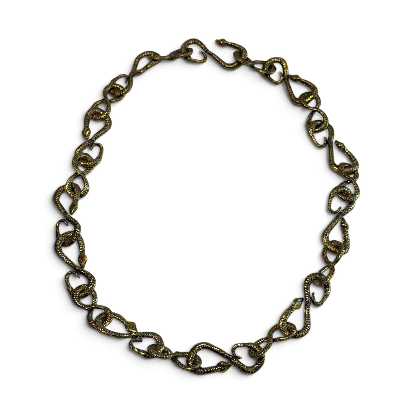 Trebor Style gold patina snake chain necklace featuring 22 interlocking snake-shaped links for versatile styling.