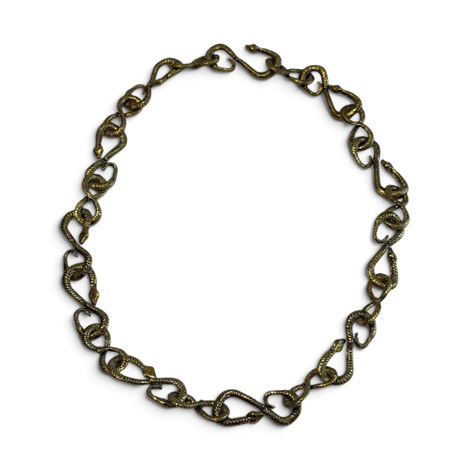 Trebor Style gold patina snake chain necklace featuring 22 interlocking snake-shaped links for versatile styling.