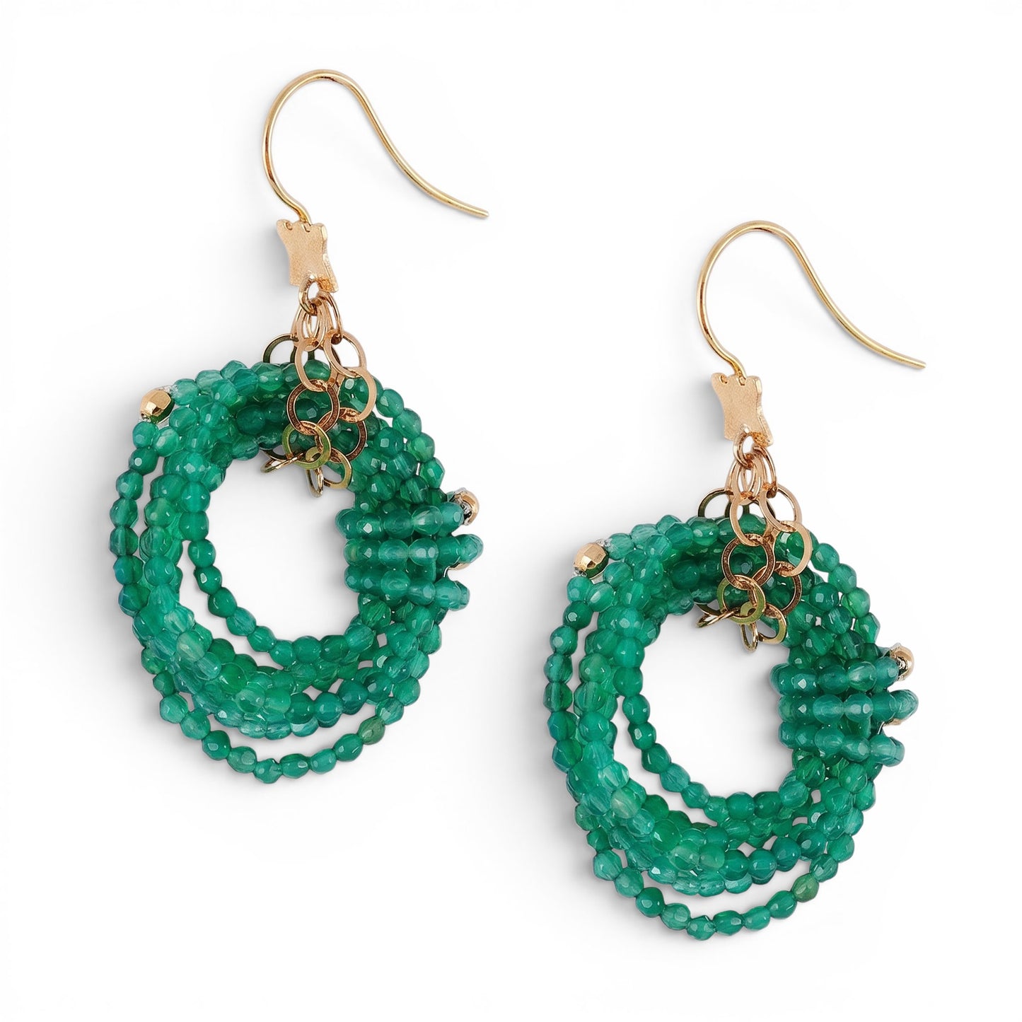 Trebor Style Rajola infinity drop hoop earrings featuring emerald green agate beads and 18k yellow gold hooks.