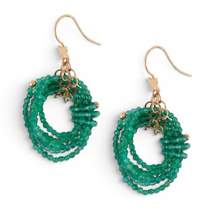 Trebor Style Rajola infinity drop hoop earrings featuring emerald green agate beads and 18k yellow gold hooks.
