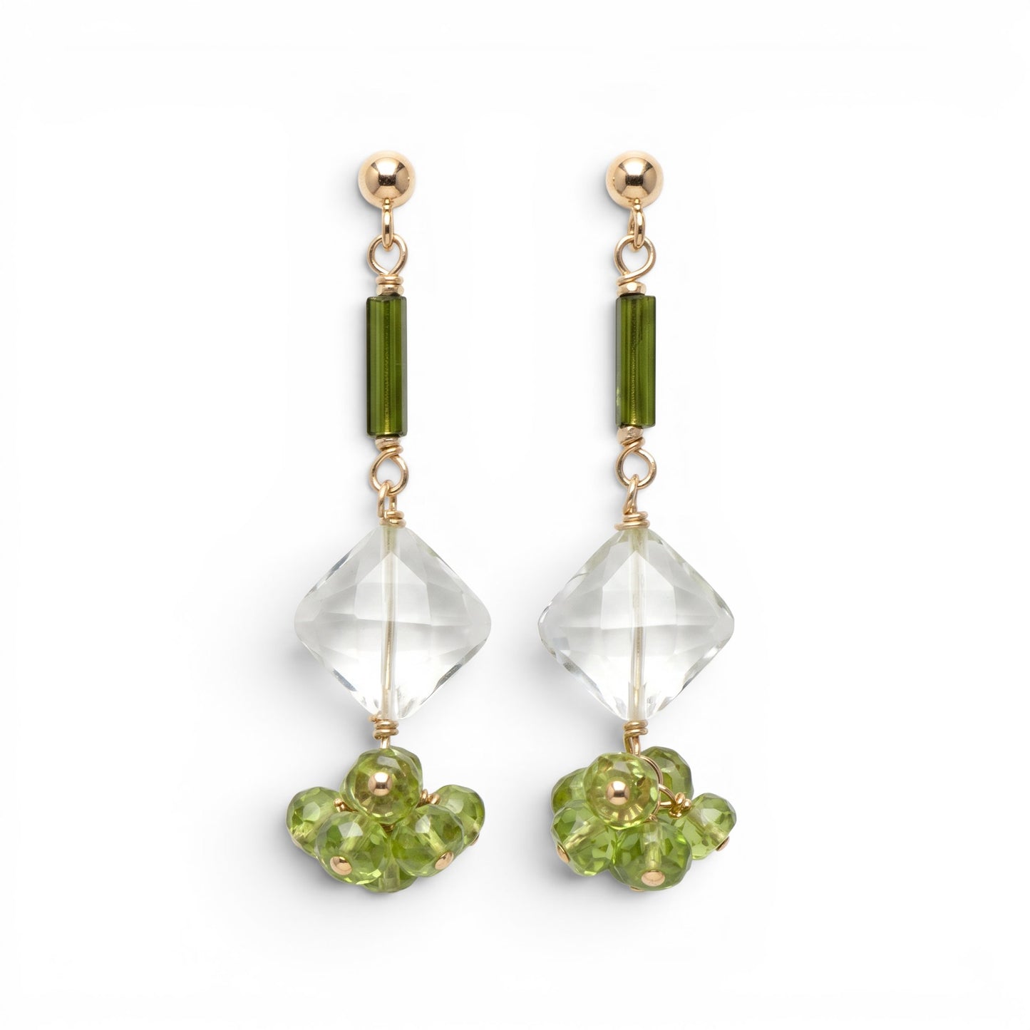 Trebor Style drop earrings featuring green tourmaline, diamond-cut green praisiolite, and peridot on gold-filled wire.